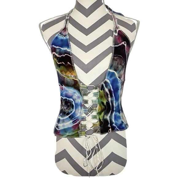 Handmade Geode Tie Dye Tank Top Halter Womens Small Ribbed Shirt Blue Upcycled - Picture 1 of 11
